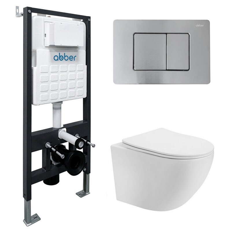 Изображение товара Инсталляция с унитазом Abber Bequem AC1100T-AC0105-AC0120MCH комплект бесободковый подвесной