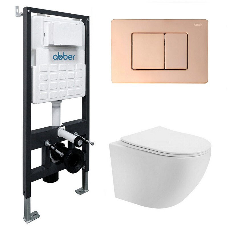 Изображение товара Инсталляция с унитазом Abber Bequem AC1100T-AC0105-AC0120RG, подвесной, белый, двухрежимный Торнадо