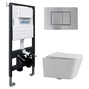 Изображение товара Инсталляция с унитазом Abber Rechteck AC1201-AC0105-AC0120MCH, сиденье микролифт, клавиша смыва хром матовый, белый, комплект