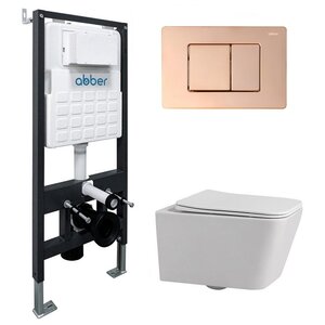 Изображение товара Инсталляция с унитазом Abber Rechteck AC1201-AC0105-AC0120RG, сиденье микролифт, клавиша смыва золото розовое, белый, комплект