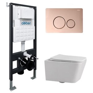 Изображение товара Инсталляция с унитазом Abber Rechteck AC1201-AC0105-AC0121RG, сиденье микролифт, клавиша смыва золото розовое, белый, комплект