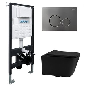Изображение товара Инсталляция с унитазом Abber Rechteck AC1201MB-AC0105-AC0121NG, сиденье микролифт, клавиша смыва никель, черный матовый, комплект