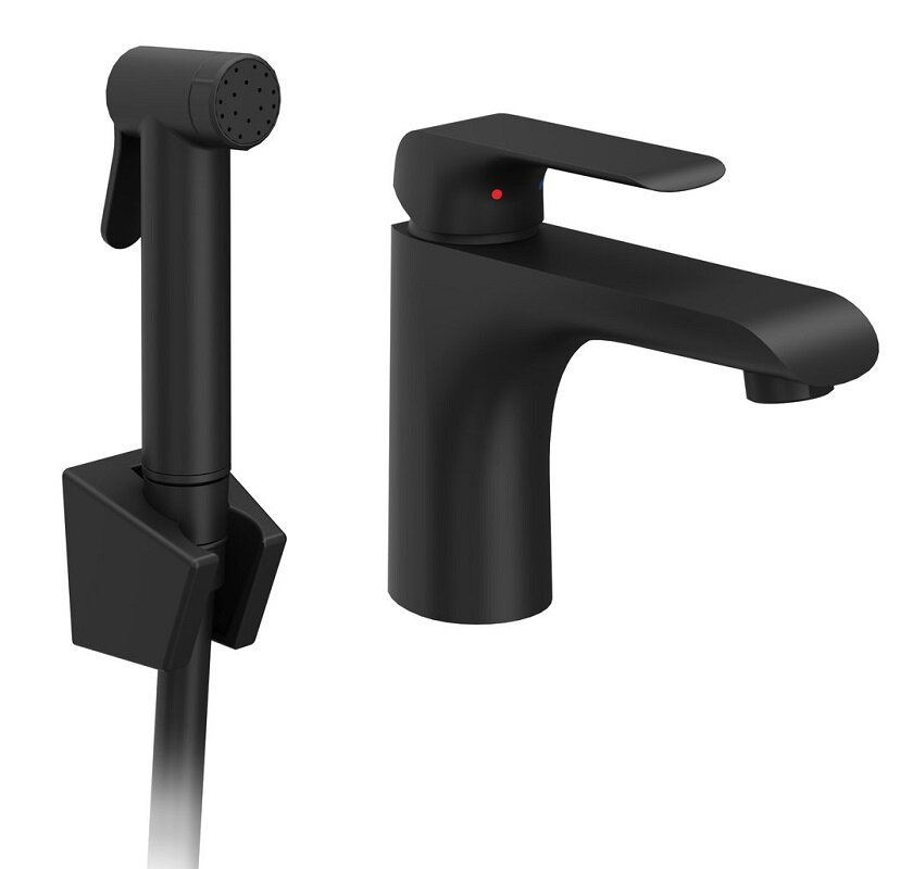 Изображение товара Смеситель Ravak Flat FL 112.20BL X070439 для раковины, с гигиеническим душем, черный