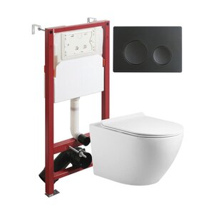 Изображение товара Инсталляция Agger ATI09150L+APB144, с подвесным безободковым унитазом, сиденье микролифт, Tornado, клавиша черная матовая