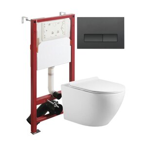 Изображение товара Инсталляция Agger ATI09150L+APB244, с подвесным безободковым унитазом, сиденье микролифт, Tornado, клавиша черная матовая