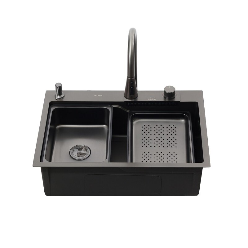 Изображение товара Мойка кухонная Melana ProfLine D6846B+6 графит 3,0/215, 68 см, PVD покрытие, нержавеющая сталь, комплект 4 в 1