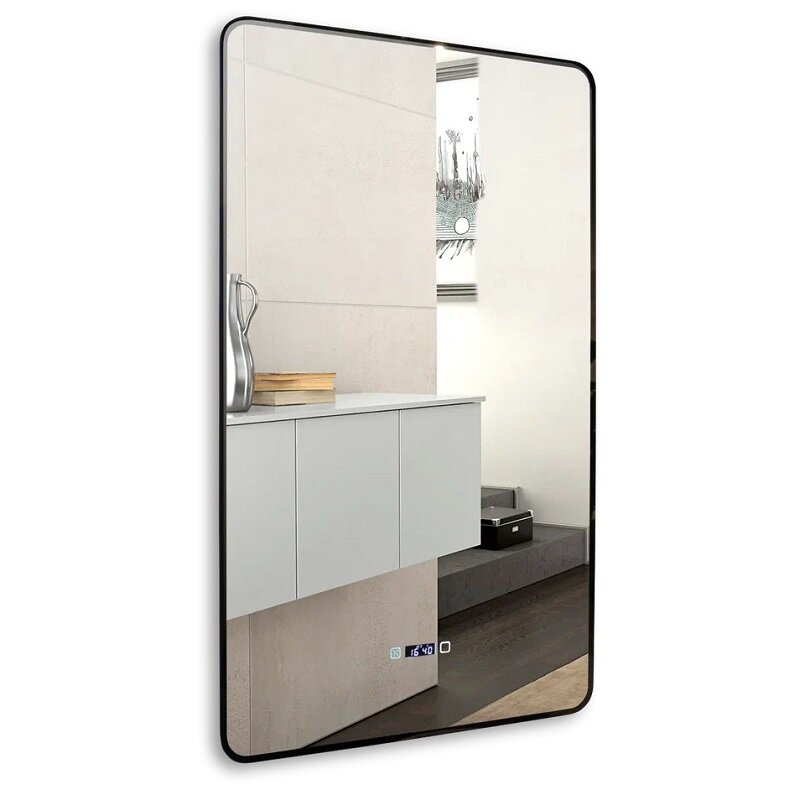 Изображение товара Зеркало Silver Mirrors Incanto Black LED-00002539, 60 х 100 см, с LED-подсветкой, сенсорный выключатель, подогрев, часы, рама черная