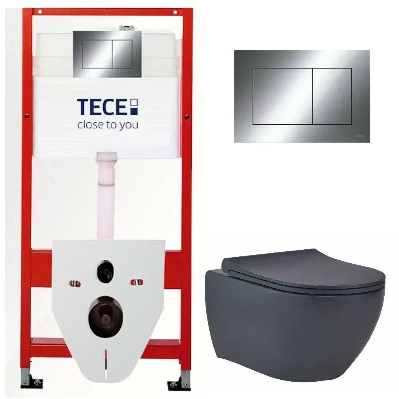 Изображение товара Инсталляция с унитазом BeWash Bogen TC412303280, сиденье микролифт, клавиша смыва хром, антрацит