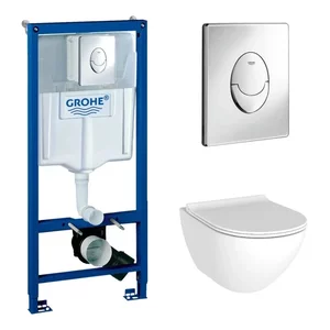 Изображение товара Инсталляция с унитазом BeWash Bogen GRH721303201, сиденье микролифт, клавиша смыва хром, с пневматическим управлением, белый