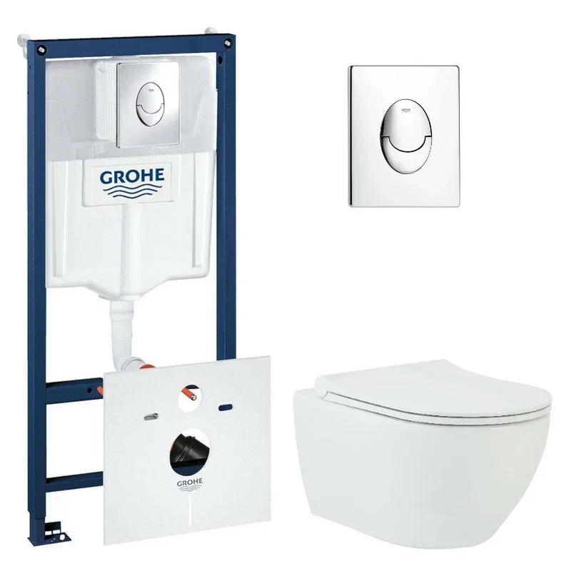 Изображение товара Инсталляция с унитазом BeWash Bogen GRH750303201, сиденье микролифт, клавиша смыва хром, с пневматическим управлением, белый