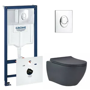 Изображение товара Инсталляция с унитазом BeWash Bogen GRH750303280, сиденье микролифт, клавиша смыва хром, с пневматическим управлением, антрацит