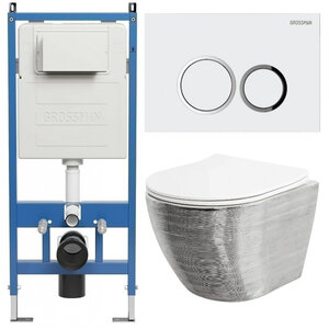 Изображение товара Комплект Grossman Galaxy 97.4455SWS.01.000, инсталляция 900.K31.01.000 с безободковым унитазом GR-4455SWS серебро, сиденье микролифт, клавиша смыва белый глянцевый 700.K31.01.000.000 
