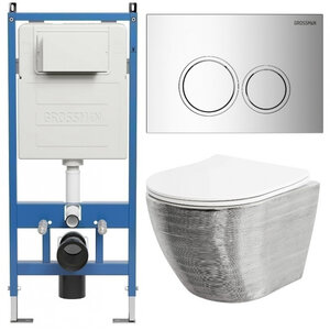 Изображение товара Комплект Grossman Galaxy 97.4455SWS.01.100, инсталляция 900.K31.01.000 с безободковым унитазом GR-4455SWS серебро, сиденье микролифт, клавиша смыва хром глянцевый 700.K31.01.100.100