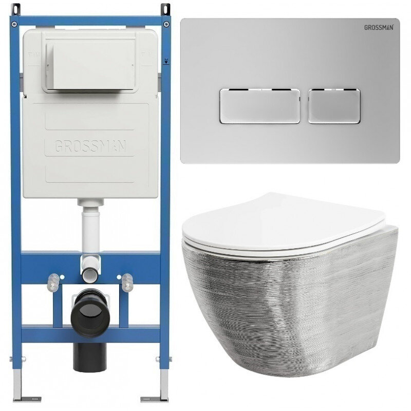 Изображение товара Комплект Grossman Pragma 97.4455SWS.03.110, инсталляция 900.K31.01.000 с безободковым унитазом серебро GR-4455SWS, сиденье микролифт, клавиша смыва хром матовый 700.K31.03.110.110