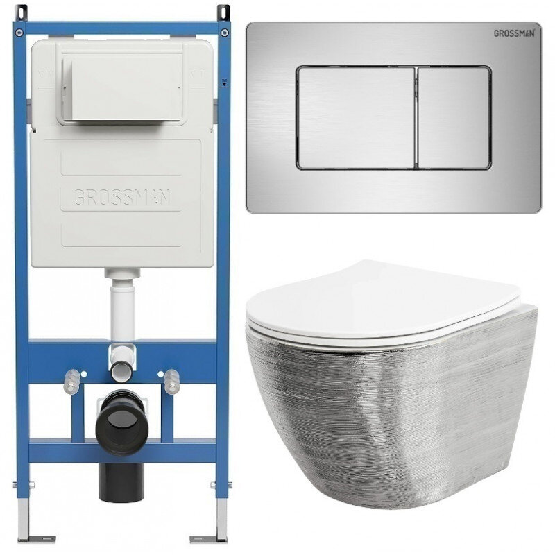 Изображение товара Комплект унитаз с инсталляцией Grossman Classic 97.4455SWS серебро безободковый современный