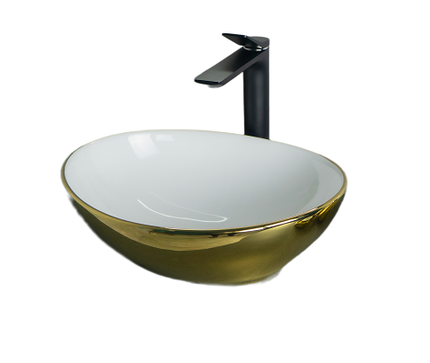 Изображение товара Раковина Gid Lago Nc999 41 см овальная белая с золотым ободком накладная испания