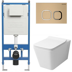 Изображение товара Комплект Grossman Cosmo 97.4414S.02.310, инсталляция 900.K31.01.000 с безободковым унитазом GR-4414S белый, сиденье микролифт, клавиша смыва золото матовое 700.K31.02.310.310