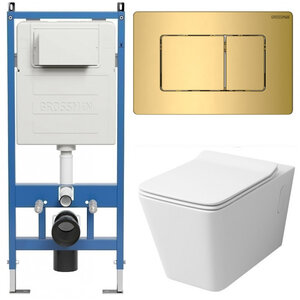 Изображение товара Комплект Grossman Classic 97.4414S.04.32M, инсталляция 900.K31.01.000 с безободковым унитазом GR-4414S белый, сиденье микролифт, клавиша смыва золото сатин 700.K31.04.32M.32M