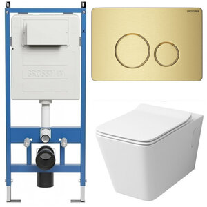 Изображение товара Комплект Grossman Style 97.4414S.05.32M, инсталляция 900.K31.01.000 с безободковым унитазом GR-4414S белый, сиденье микролифт, клавиша смыва золото сатин 700.K31.05.32M.32M