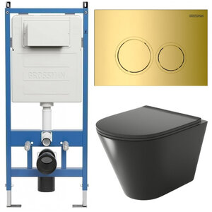Изображение товара Комплект Grossman Galaxy 97.4477BMS.01.300, инсталляция 900.K31.01.000 с безободковым унитазом GR-4477BMS черный матовый, сиденье микролифт, клавиша смыва золото глянцевое 700.K31.01.300.300