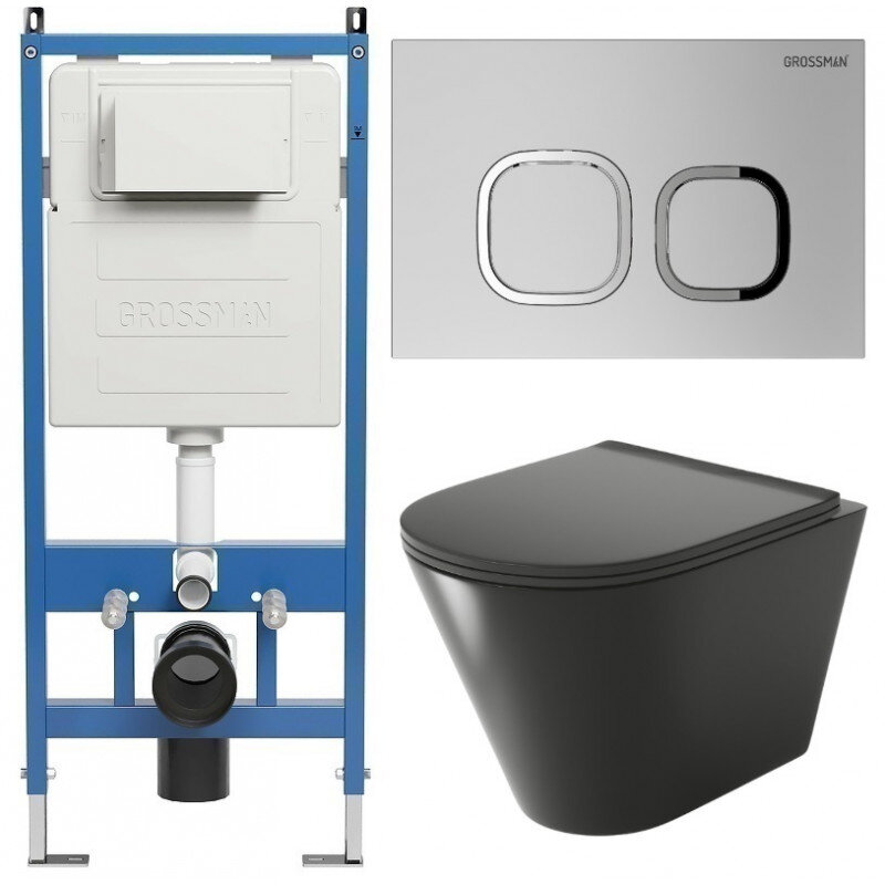Изображение товара Комплект Grossman Cosmo 97.4477BMS безободковый подвесной унитаз инсталляция черный матовый