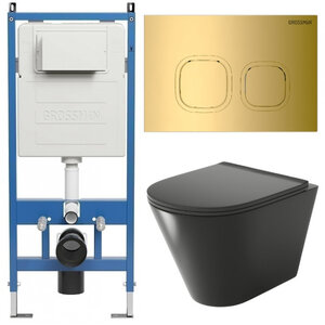Изображение товара Комплект Grossman Cosmo 97.4477BMS.02.300, инсталляция 900.K31.01.000 с безободковым унитазом GR-4477BMS черный матовый, сиденье микролифт, клавиша смыва золото глянцевое 700.K31.02.300.300