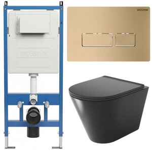 Изображение товара Комплект Grossman Pragma 97.4477BMS.03.310, инсталляция 900.K31.01.000 с безободковым унитазом GR-4477BMS черный матовый, сиденье микролифт, клавиша смыва золото матовое 700.K31.03.310.310