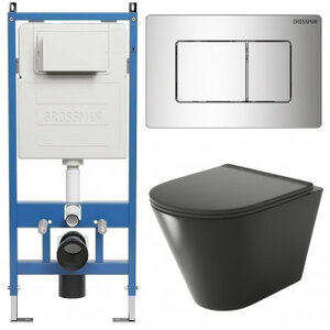 Изображение товара Комплект Grossman Pragma 97.4477BMS.04.10M, инсталляция 900.K31.01.000 с безободковым унитазом GR-4477BMS черный матовый, сиденье микролифт, клавиша смыва хром глянцевый 700.K31.04.10M.10M