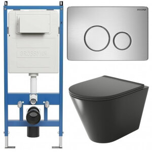 Изображение товара Комплект Grossman Style 97.4477BMS.05.12M, инсталляция 900.K31.01.000 с безободковым унитазом GR-4477BMS черный матовый, сиденье микролифт, клавиша смыва хром сатин 700.K31.05.12M.12M