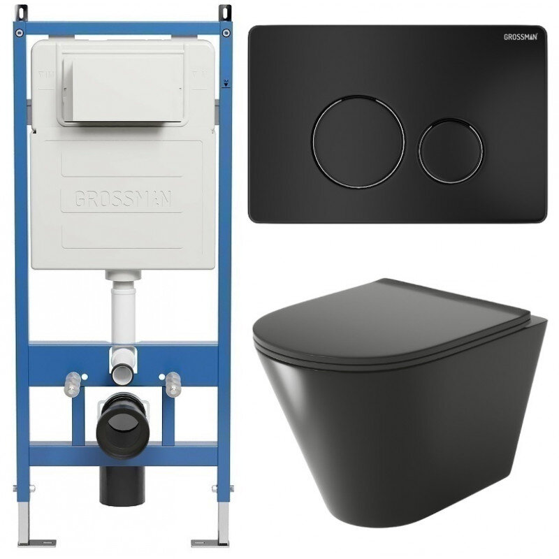 Изображение товара Комплект Grossman Style 97.4477BMS с инсталляцией и безободковым унитазом черный матовый