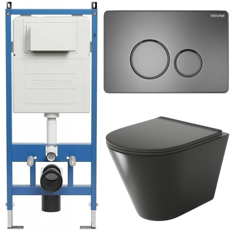 Изображение товара Комплект Grossman Style 97.4477BMS.05.42M, инсталляция 900.K31.01.000 с безободковым унитазом GR-4477BMS черный матовый, сиденье микролифт, клавиша смыва графит сатин 700.K31.05.42M.42M