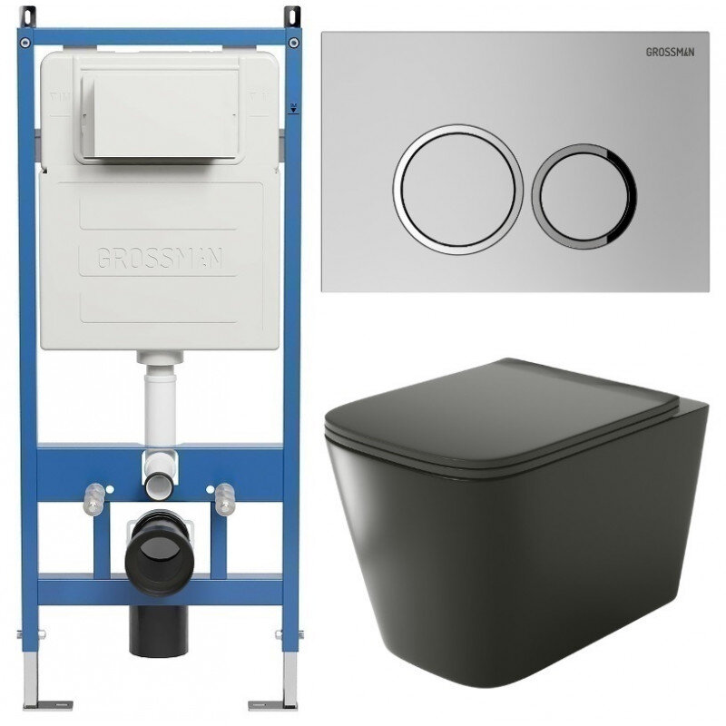 Изображение товара Комплект унитаз и инсталляция Grossman Galaxy 97.4441BMS, безободковый, черный матовый