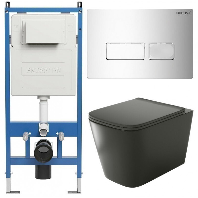 Изображение товара Комплект унитаз Grossman Pragma 97.4441BMS с инсталляцией черный матовый