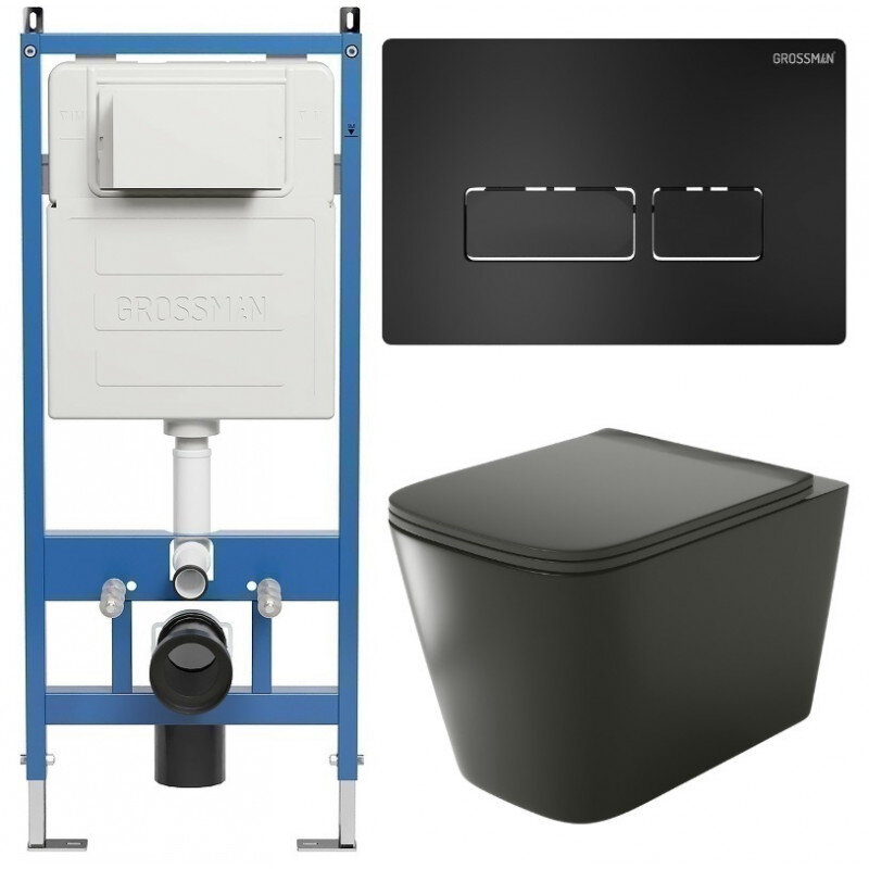 Изображение товара Комплект Grossman Pragma 97.4441BMS стеновой унитаз безободковый с инсталляцией черный матовый
