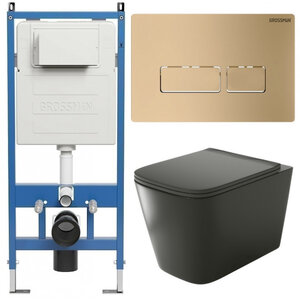 Изображение товара Комплект Grossman Pragma 97.4441BMS.03.310, инсталляция 900.K31.01.000 с безободковым унитазом GR-4441BMS черный матовый, сиденье микролифт, клавиша смыва золото матовое 700.K31.03.310.310