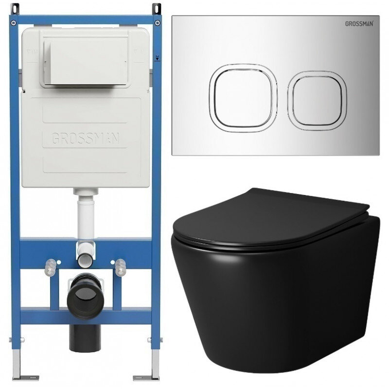 Изображение товара Комплект Grossman Cosmo 97.4478BMS.02.100, инсталляция 900.K31.01.000 с безободковым унитазом GR-4478BMS черный матовый, сиденье микролифт, клавиша смыва хром глянцевый 700.K31.02.100.100