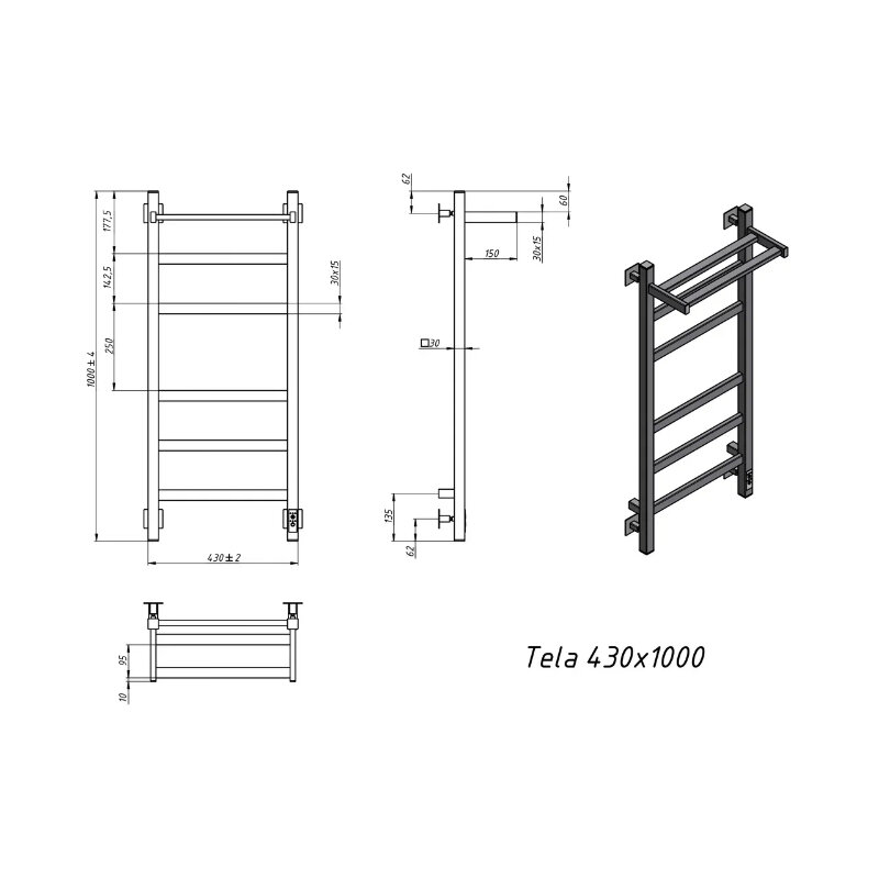 Полотенцесушитель электрический Grota Tela 430х1000 RAL9005 EL, ширина ...