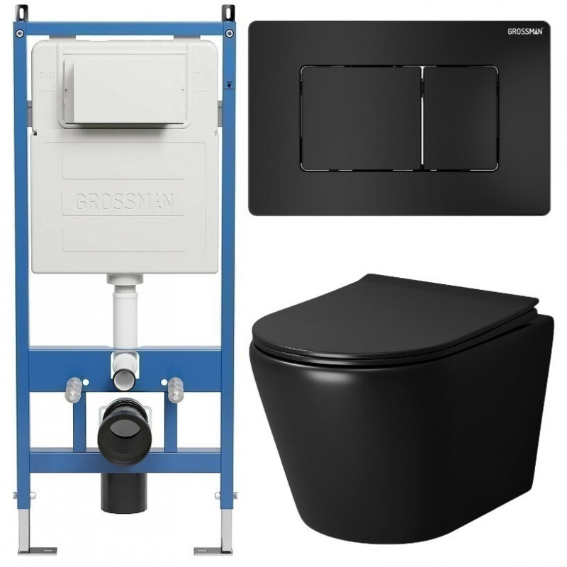 Изображение товара Комплект подвесной безободковый унитаз Grossman Classic черный матовый с сиденьем микролифт