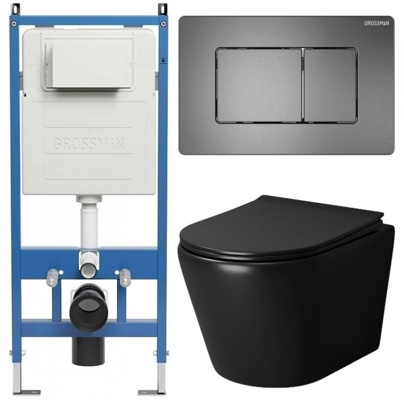 Изображение товара Комплект Grossman Classic 97.4478BMS.04.42M, инсталляция 900.K31.01.000 с безободковым унитазом GR-4478BMS черный матовый, сиденье микролифт, клавиша смыва графит сатин 700.K31.04.42M.42M