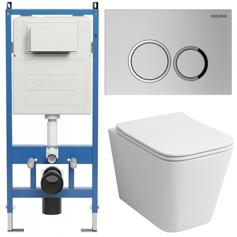 Изображение товара Комплект Grossman Galaxy 97.4441S.01.110, инсталляция 900.K31.01.000 с безободковым унитазом GR-4441S белый, сиденье микролифт, клавиша смыва хром матовый 700.K31.01.110.110
