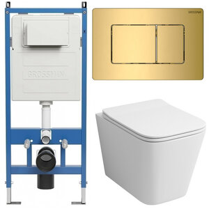 Изображение товара Комплект Grossman Classic 97.4441S.04.30M, инсталляция 900.K31.01.000 с безободковым унитазом GR-4441S белый, сиденье микролифт, клавиша смыва золото глянцевое 700.K31.04.30M.30M