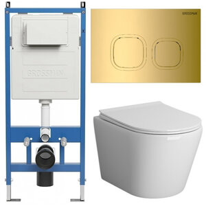 Изображение товара Комплект Grossman Cosmo 97.4478S.02.300, инсталляция 900.K31.01.000 с безободковым унитазом GR-4478S белый, сиденье микролифт, клавиша смыва золото глянцевое 700.K31.02.300.300