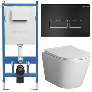 Изображение товара Комплект Grossman Pragma 97.4478S.03.210, инсталляция 900.K31.01.000 с безободковым унитазом GR-4478S белый, сиденье микролифт, клавиша смыва черный матовый 700.K31.03.210.210