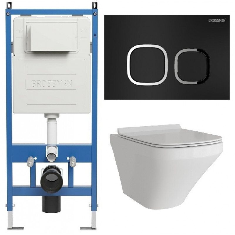 Изображение товара Комплект Grossman Cosmo 97.4440S.02.210 подвесной унитаз безободковый с инсталляцией и сиденьем