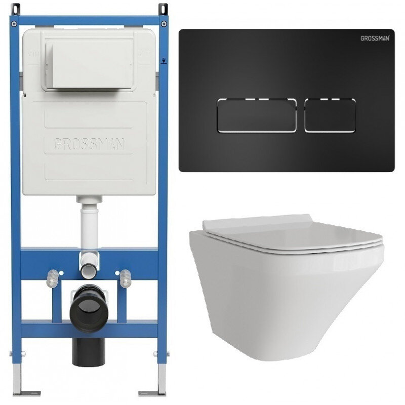 Изображение товара Комплект Grossman Pragma 97.4440S.03.210, инсталляция 900.K31.01.000 с безободковым унитазом GR-4440S белый, сиденье микролифт, клавиша смыва черная матовая 700.K31.03.210.210