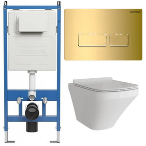 Изображение товара Комплект Grossman Pragma 97.4440S.03.300, инсталляция 900.K31.01.000 с безободковым унитазом GR-4440S белый, сиденье микролифт, клавиша смыва золото глянцевое 700.K31.03.300.300