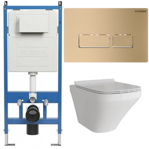 Изображение товара Комплект Grossman Pragma 97.4440S.03.310, инсталляция 900.K31.01.000 с безободковым унитазом GR-4440S белый, сиденье микролифт, клавиша смыва золото матовое 700.K31.03.310.310