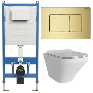 Изображение товара Комплект Grossman Classic 97.4440S.04.32M, инсталляция 900.K31.01.000 с безободковым унитазом GR-4440S белый, сиденье микролифт, клавиша смыва золото сатин 700.K31.04.32M.32M