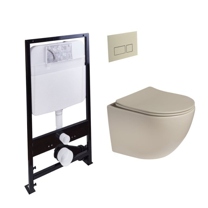 Изображение товара Инсталляция SantiLine SL-5005T-BG+SL-01/BG, безободковый унитаз и клавиша светло-бежевые матовые, смыв торнадо, сиденье микролифт
