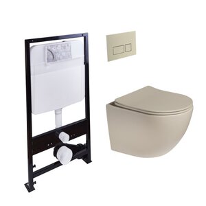 Изображение товара Инсталляция SantiLine SL-5005T-BG+SL-01/BG, безободковый унитаз и клавиша светло-бежевые матовые, смыв торнадо, сиденье микролифт